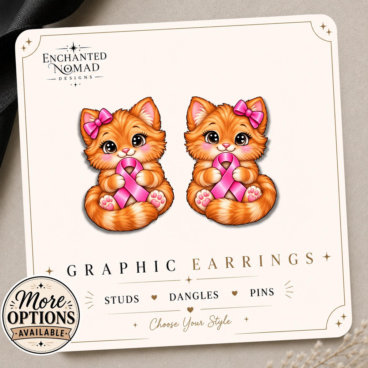 Pink Ribbon Cat Earrings & Pins on original display card