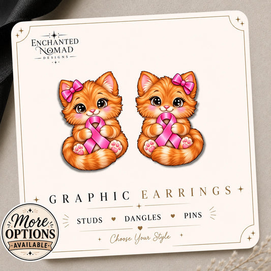 Pink Ribbon Cat Earrings & Pins on original display card
