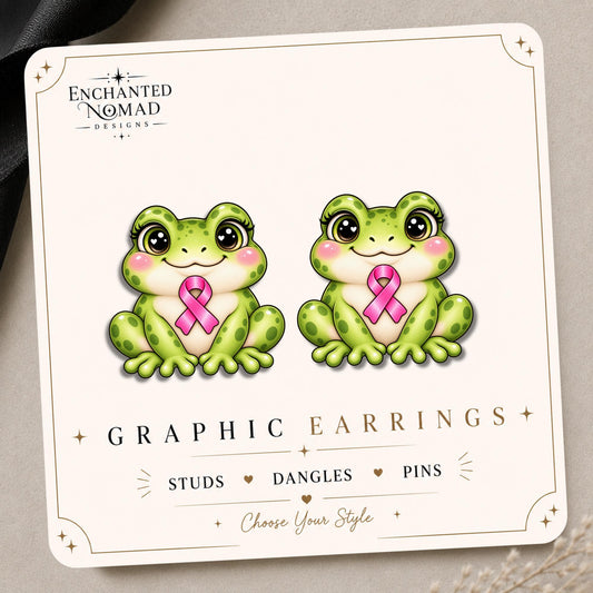 Pink Ribbon Frog Earrings & Pins on original display card