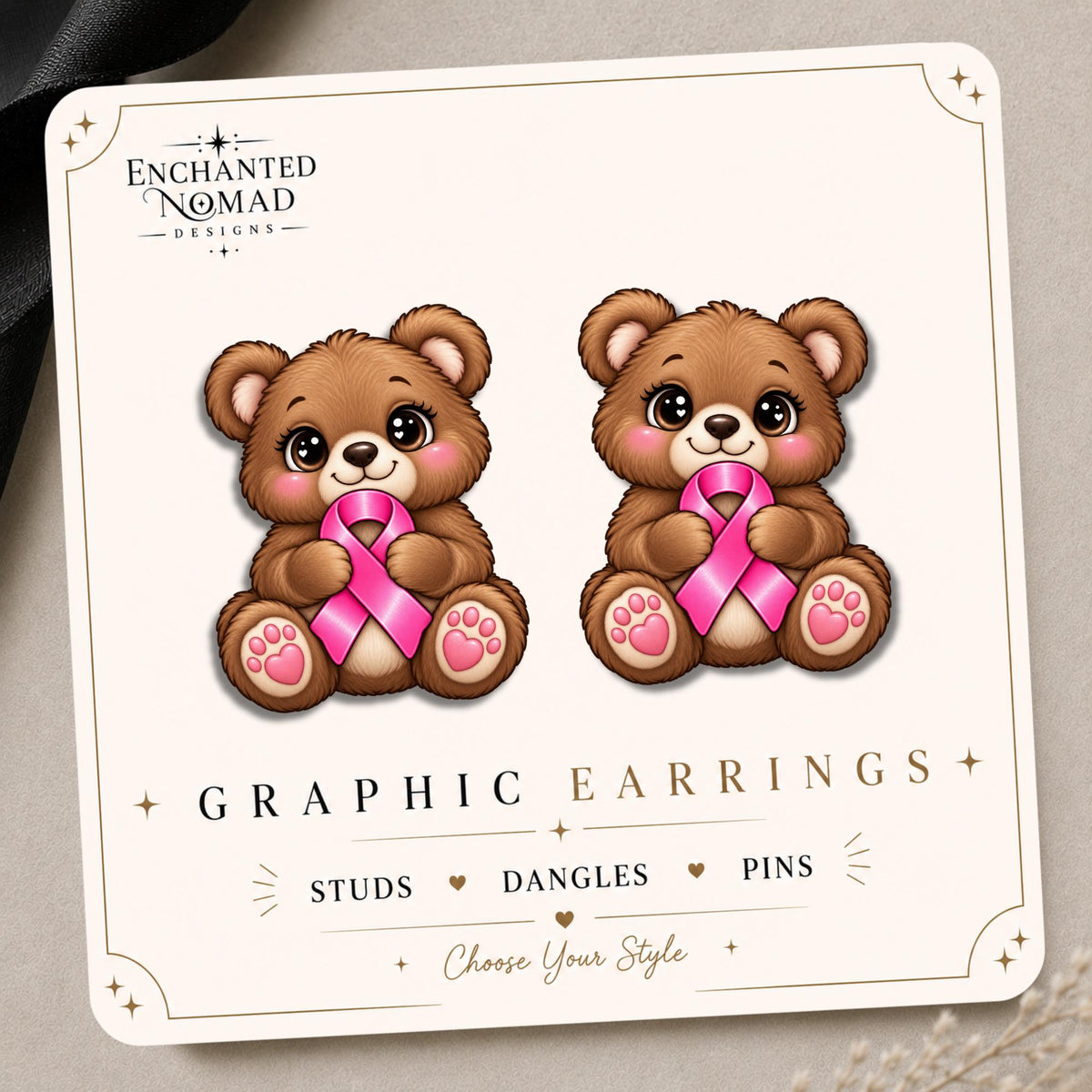 Pink Ribbon Bear Earrings & Pins on original display card
