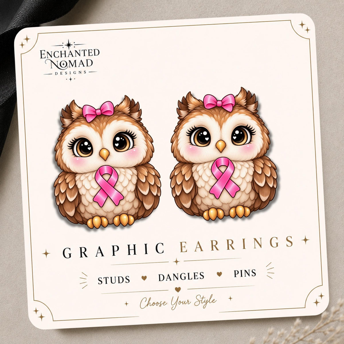 Pink Ribbon Owl Earrings & Pins on original display card