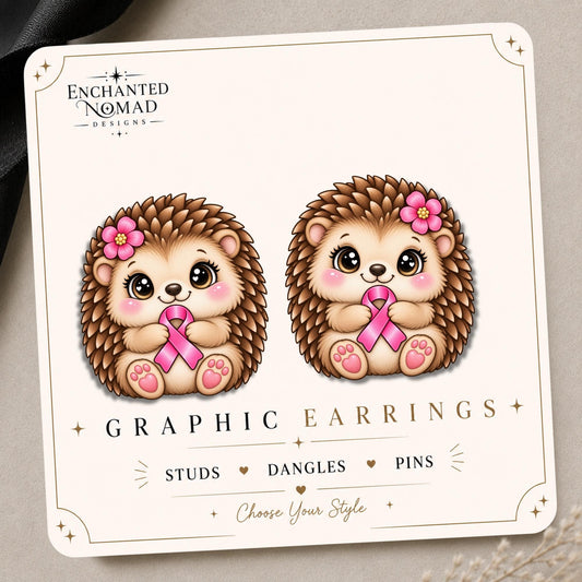 Pink Ribbon Hedgehog Earrings & Pins on original display card