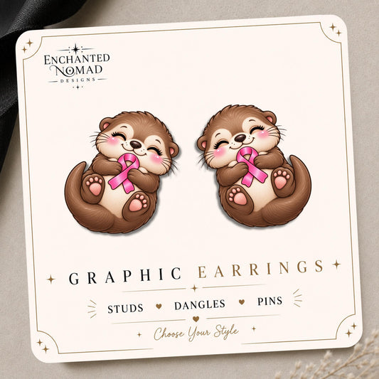 Pink Ribbon Otter Earrings & Pins on original display card