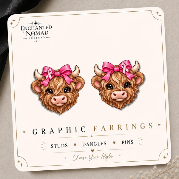 Pink Ribbon Highland Cow Earrings & Pins