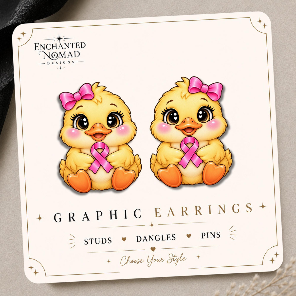 Pink Ribbon Duck Earrings & Pins on original display card