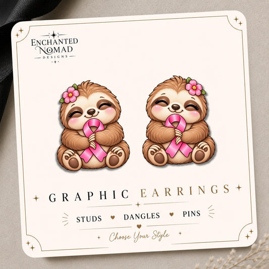Pink Ribbon Sloth Earrings & Pins on original display card