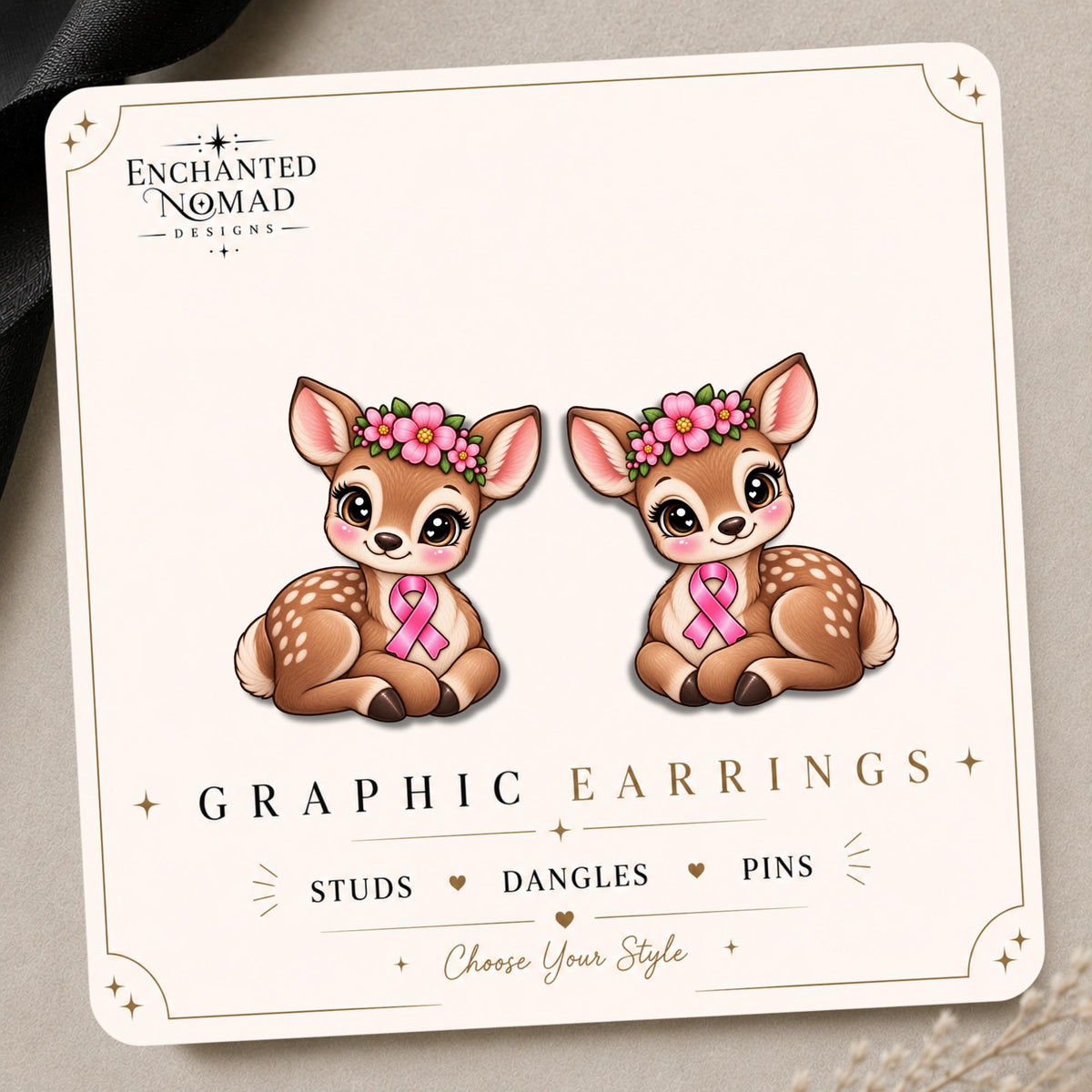 Pink Ribbon Deer Earrings & Pins on original display card