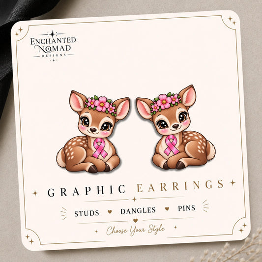 Pink Ribbon Deer Earrings & Pins on original display card