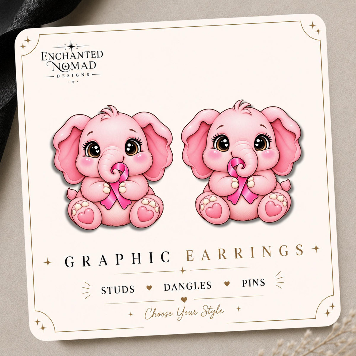 Pink Elephant with Awareness Ribbon Earrings & Pins on original display card