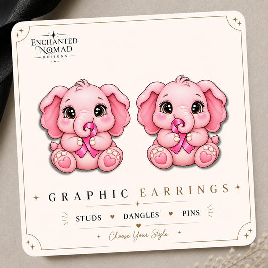 Pink Elephant with Awareness Ribbon Earrings & Pins on original display card