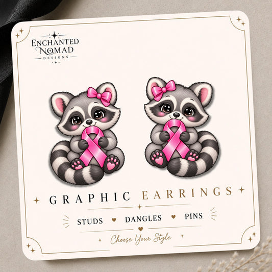 Pink Ribbon Raccoon Earrings & Pins on original display card