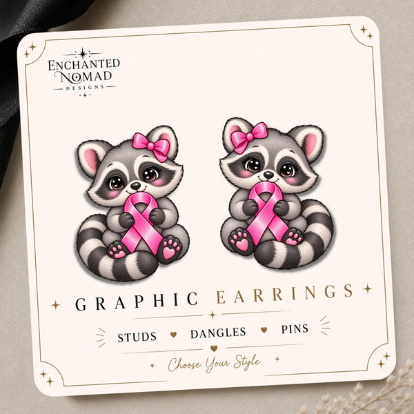 Pink Ribbon Raccoon Earrings & Pins