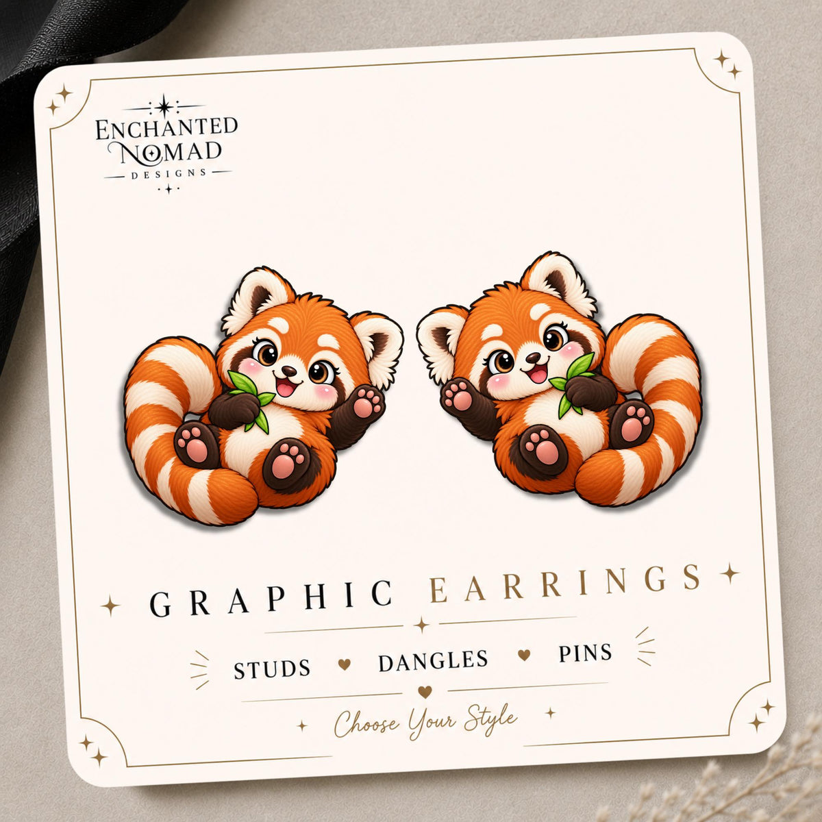Reclining Red Panda Earrings & Pins on original display card