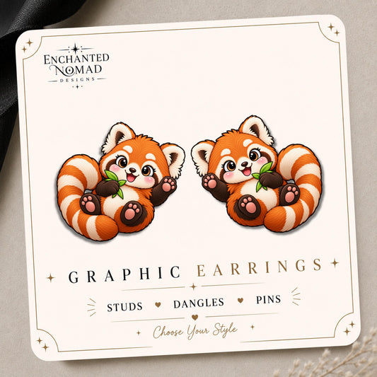 Reclining Red Panda Earrings & Pins on original display card