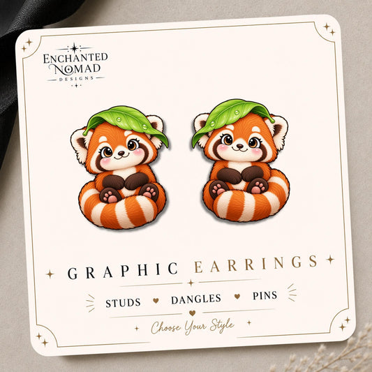 Red Panda Leaf Hat Earrings & Pins on original display card