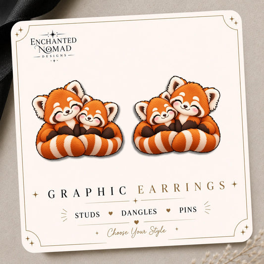 Cuddling Red Panda Earrings & Pins on original display card