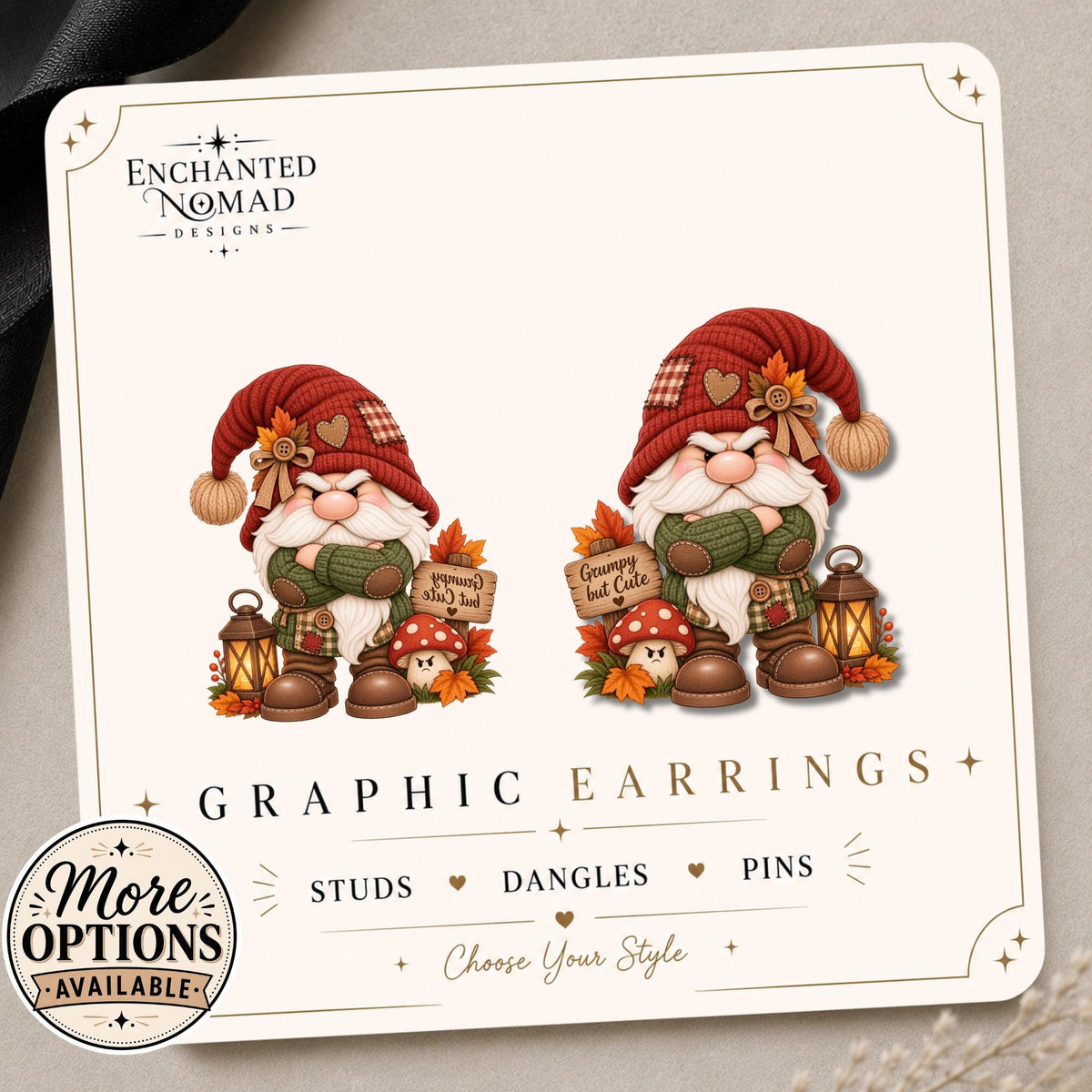 Grumpy Gnome Earrings & Pins on original display card