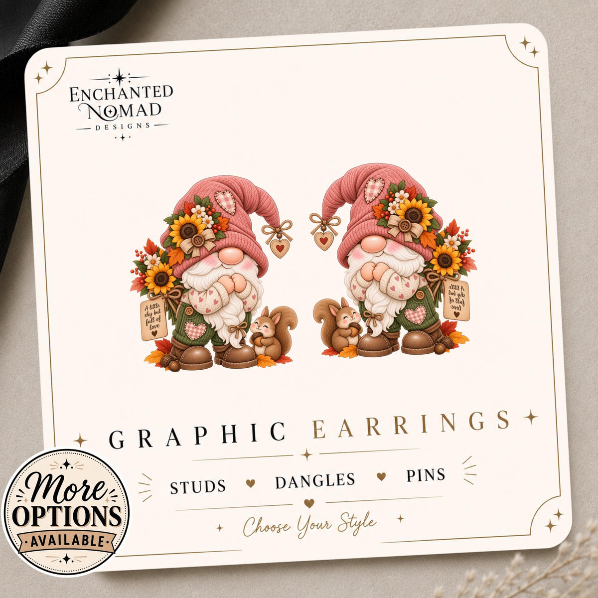 Shy Gnome Earrings & Pins on original display card