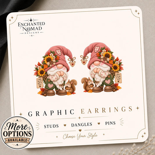Shy Gnome Earrings & Pins on original display card