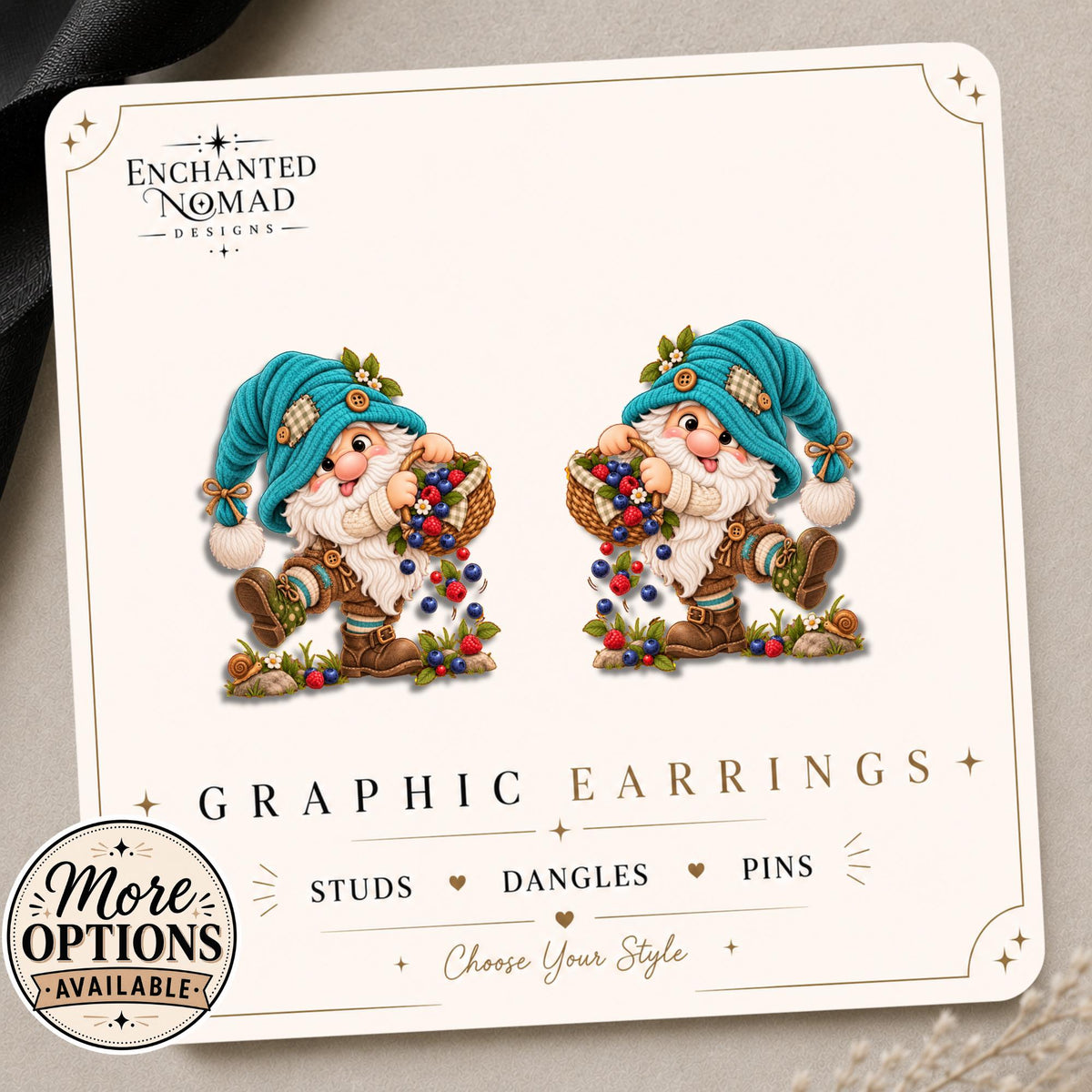 Silly Gnome Earrings & Pins on original display card