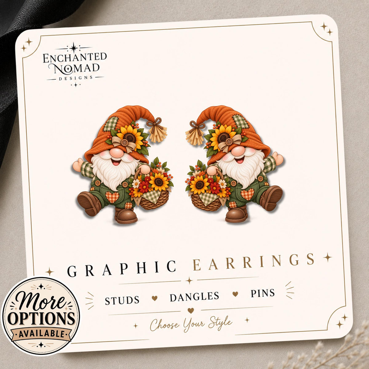 Jolly Gnome Earrings & Pins on original display card