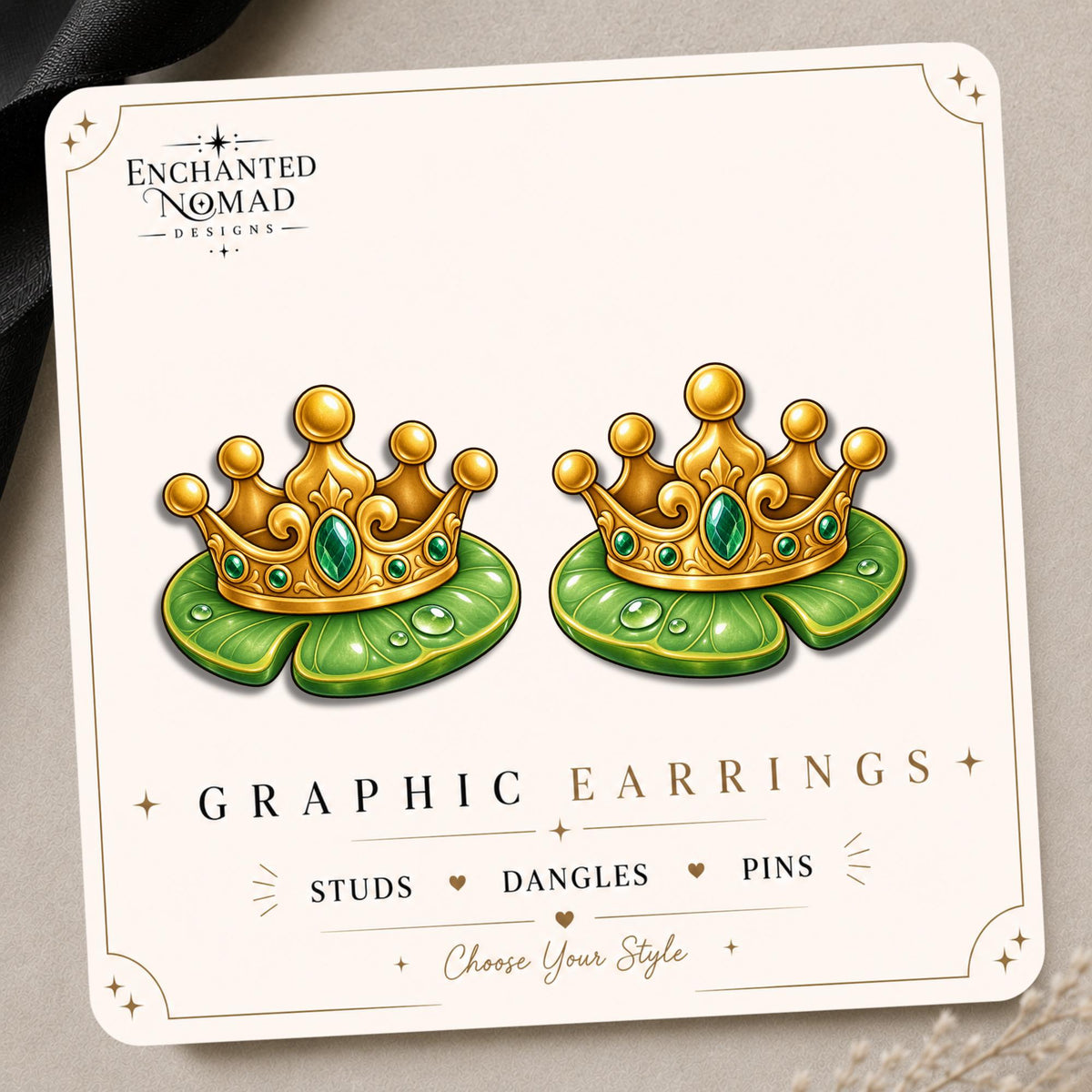 Emerald Crown and Lily Pad Earrings & Pins on original display card