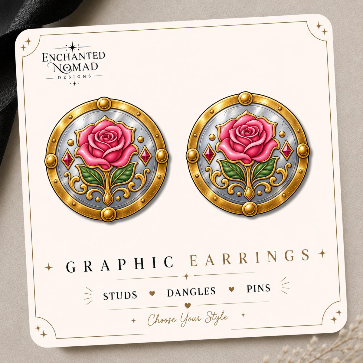 Enchanted Rose Shield Earrings & Pins on original display card
