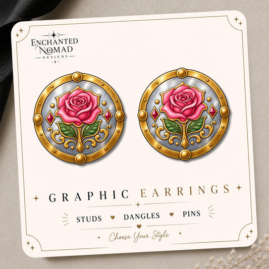 Enchanted Rose Shield Earrings & Pins on original display card