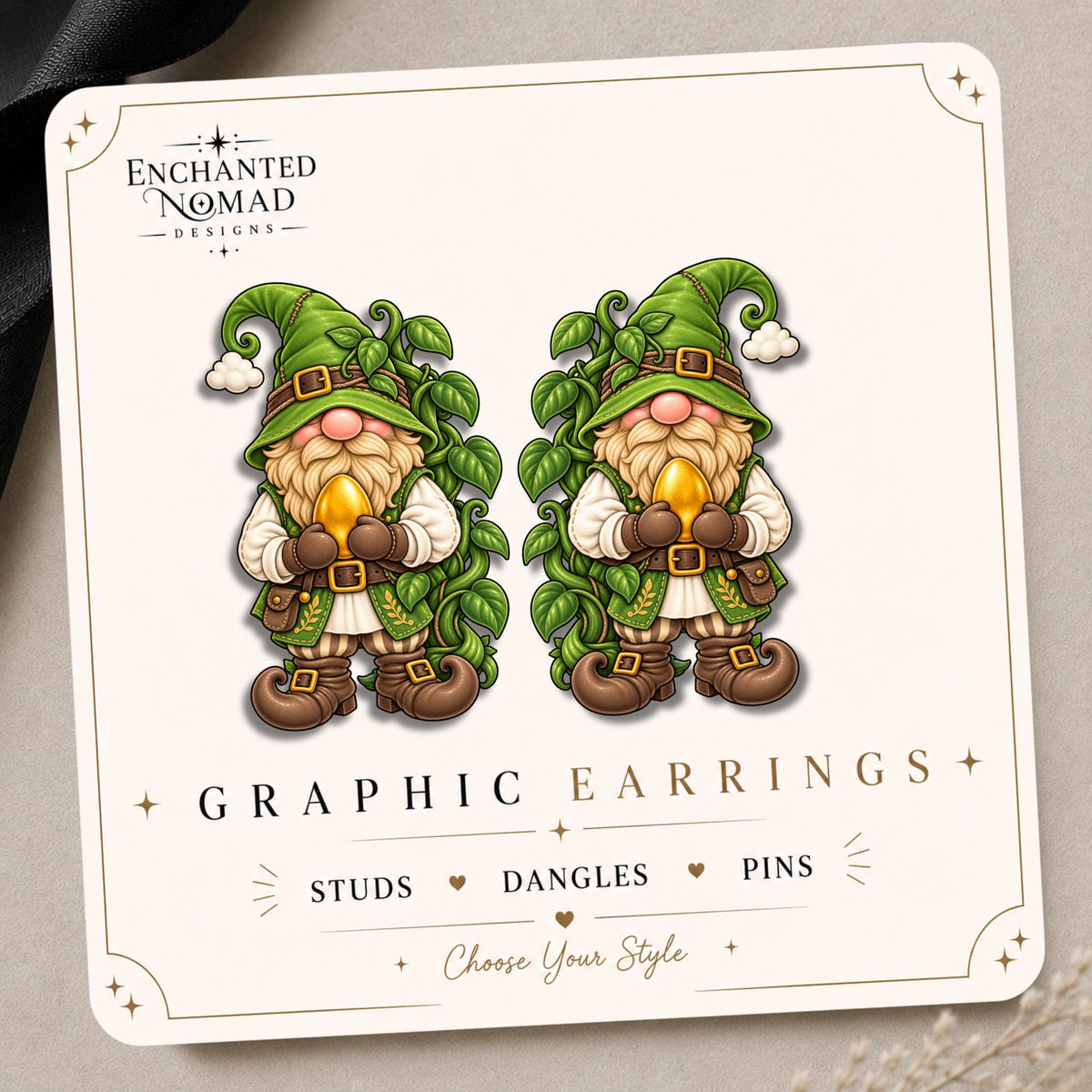 Beanstalk Gnome Earrings & Pins on original display card