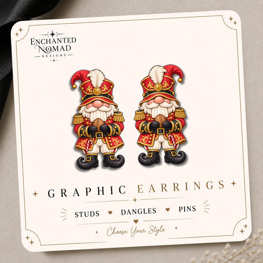 Toy Soldier Gnome Earrings & Pins on original display card