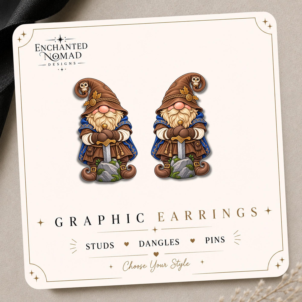 Sword Keeper Gnome Earrings & Pins on original display card