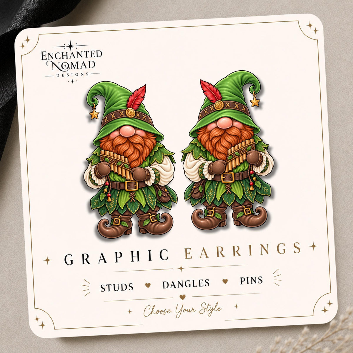 Forest Piper Gnome Earrings & Pins on original display card