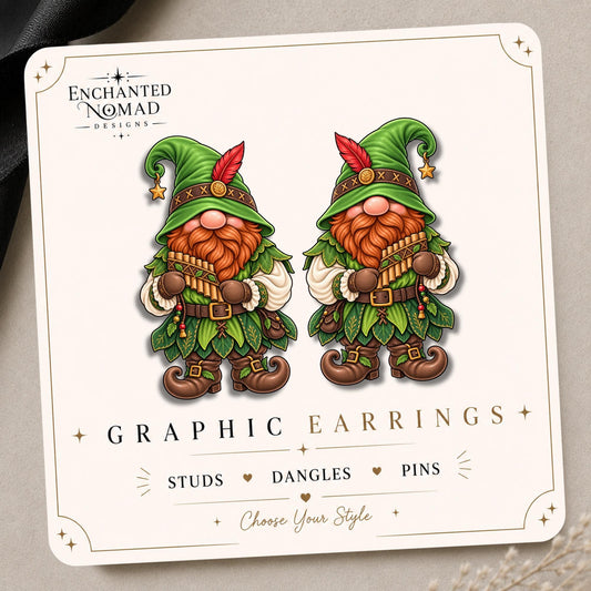Forest Piper Gnome Earrings & Pins on original display card