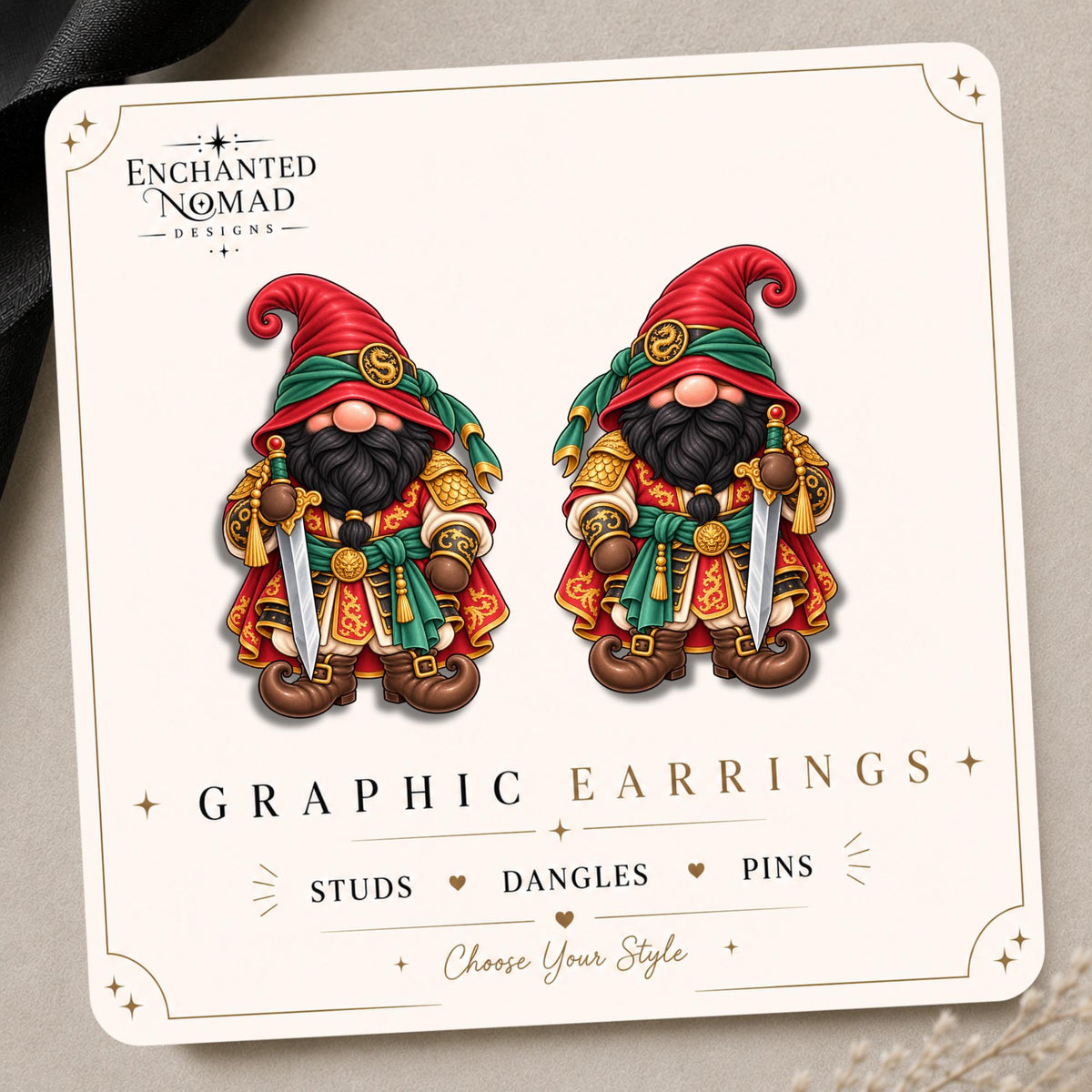 Crimson Dragon Guard Gnome Earrings & Pins on original display card