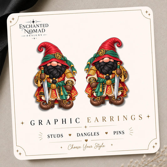 Crimson Dragon Guard Gnome Earrings & Pins on original display card