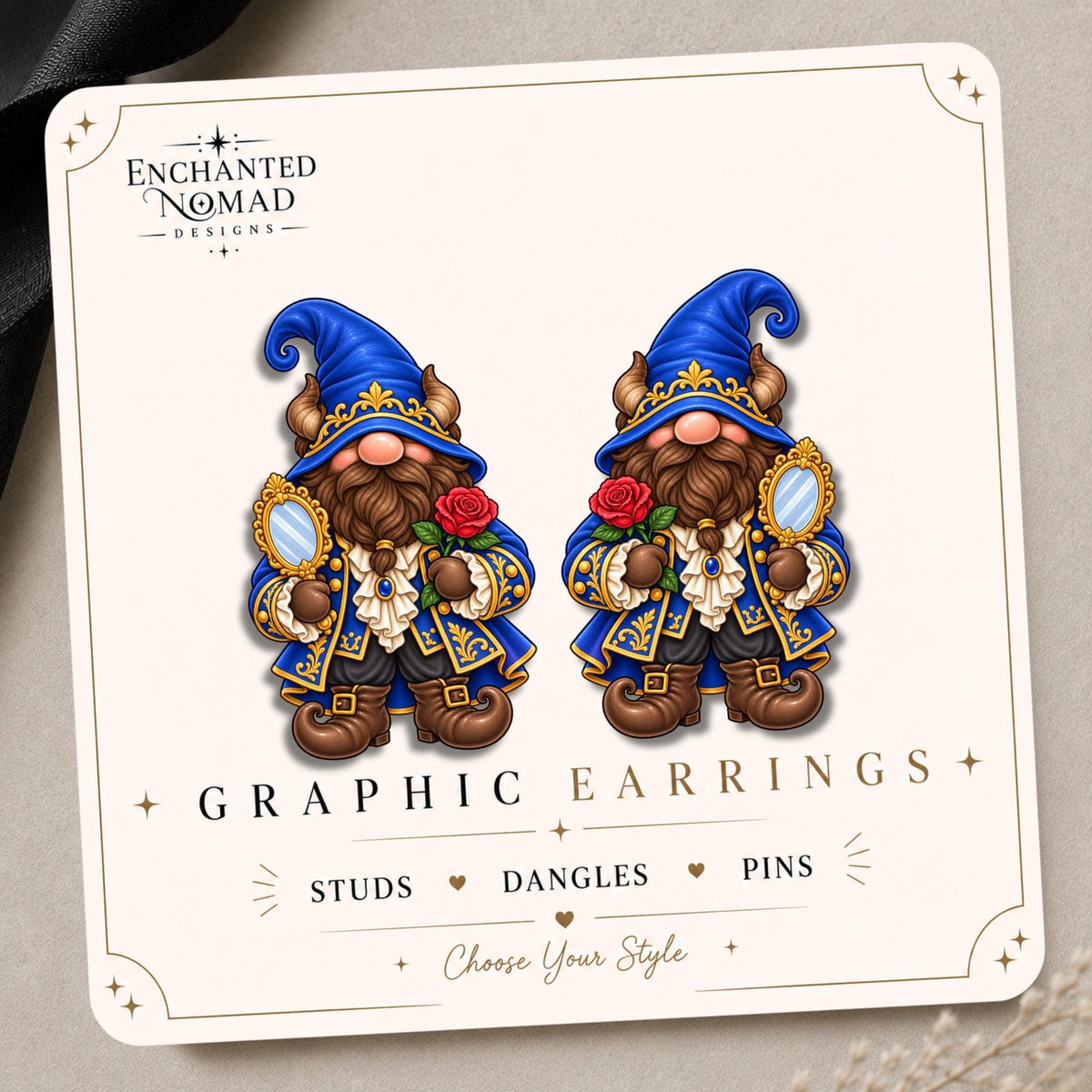 Enchanted Rose Gnome Earrings & Pins on original display card