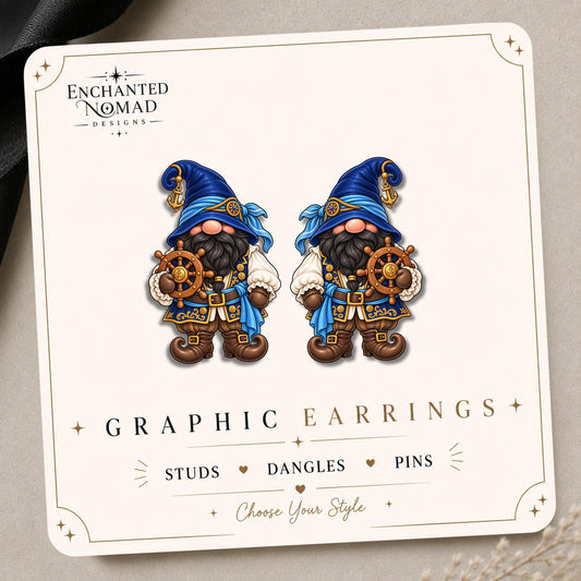 Seafarer Gnome Earrings & Pins on original display card
