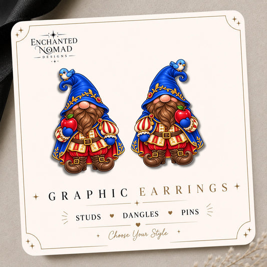 Enchanted Apple Gnome Earrings & Pins on original display card