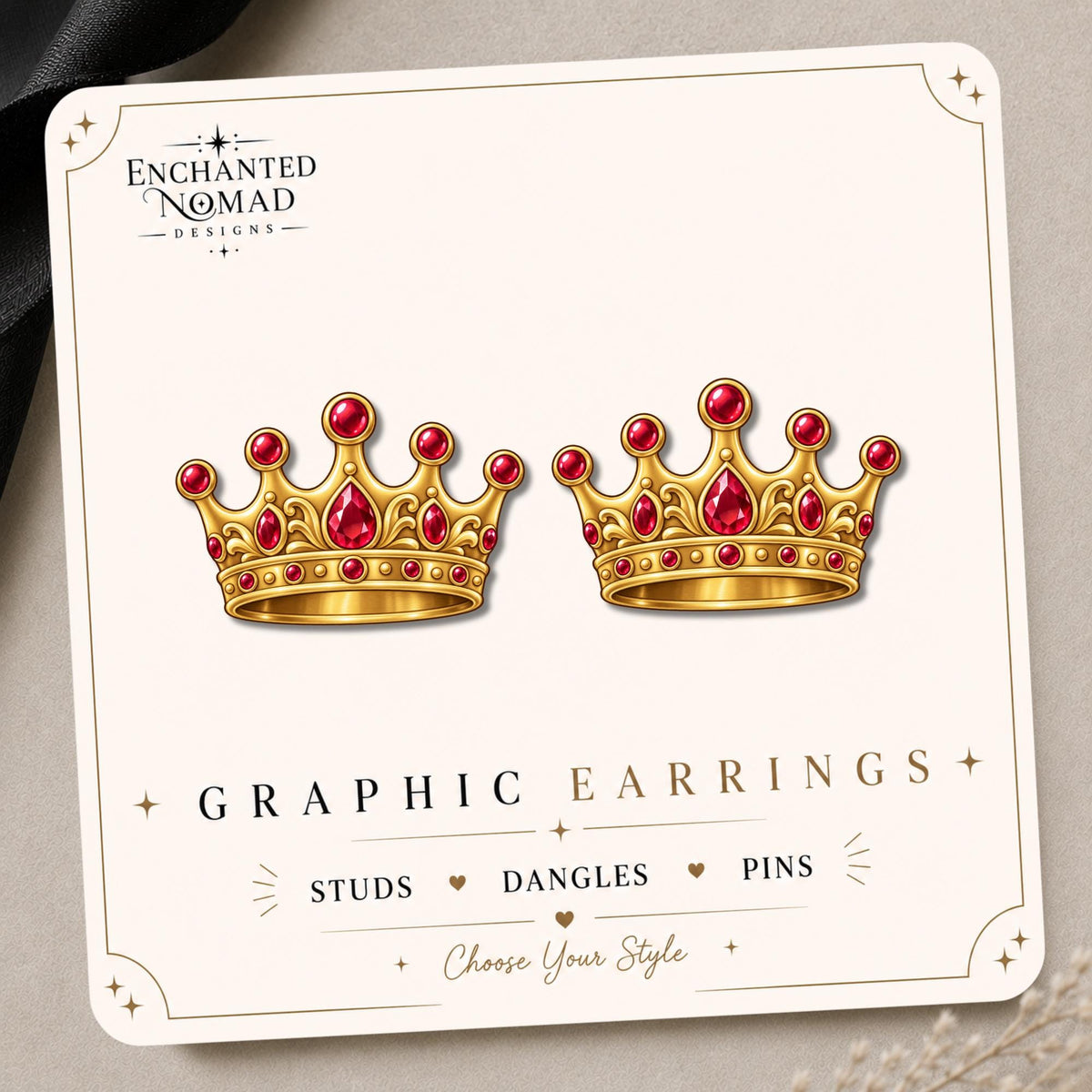 Royal Ruby Crown Earrings & Pins on original display card