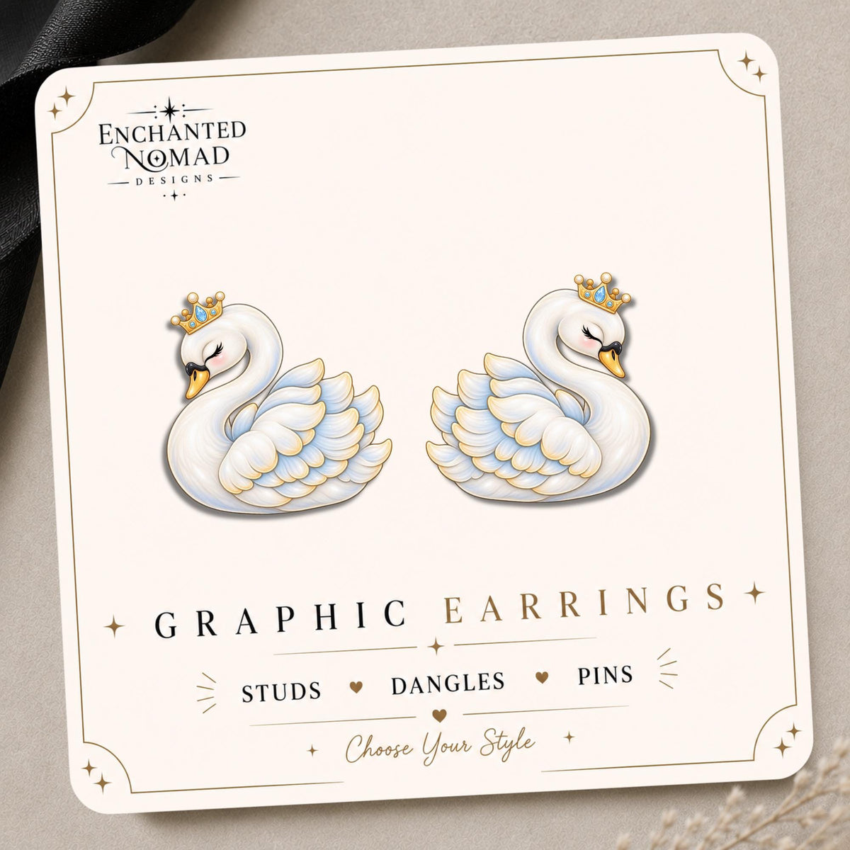 Royal Swan Earrings & Pins on original display card