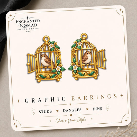 Golden Songbird Cage Earrings & Pins on original display card