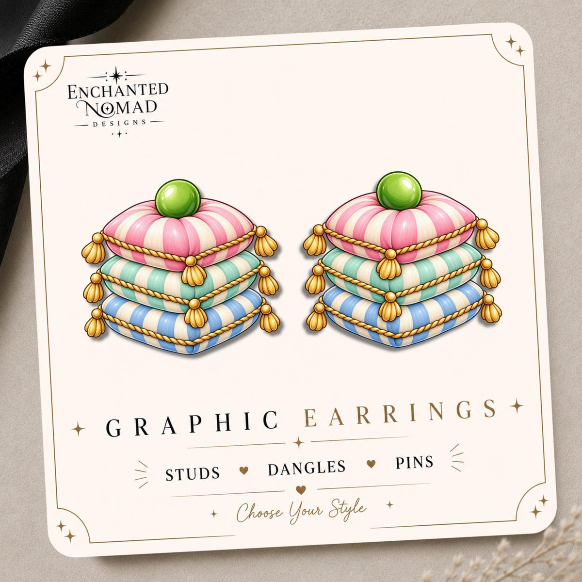 Pastel Pillow Stack Earrings & Pins on a display card