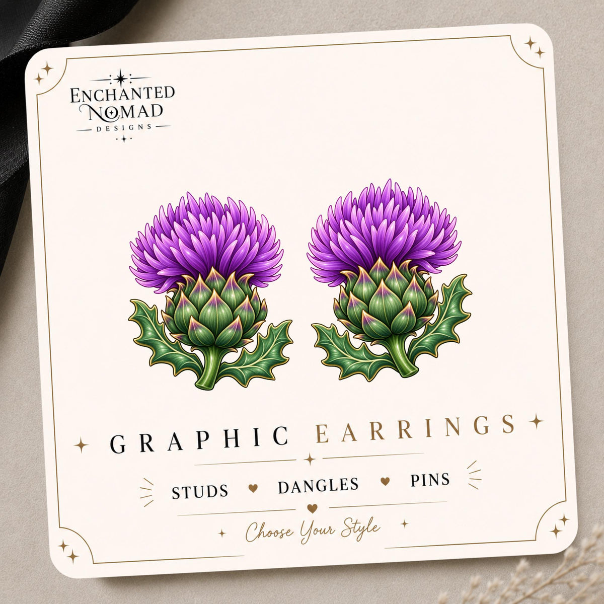 Purple Thistle Earrings & Pins on original display card
