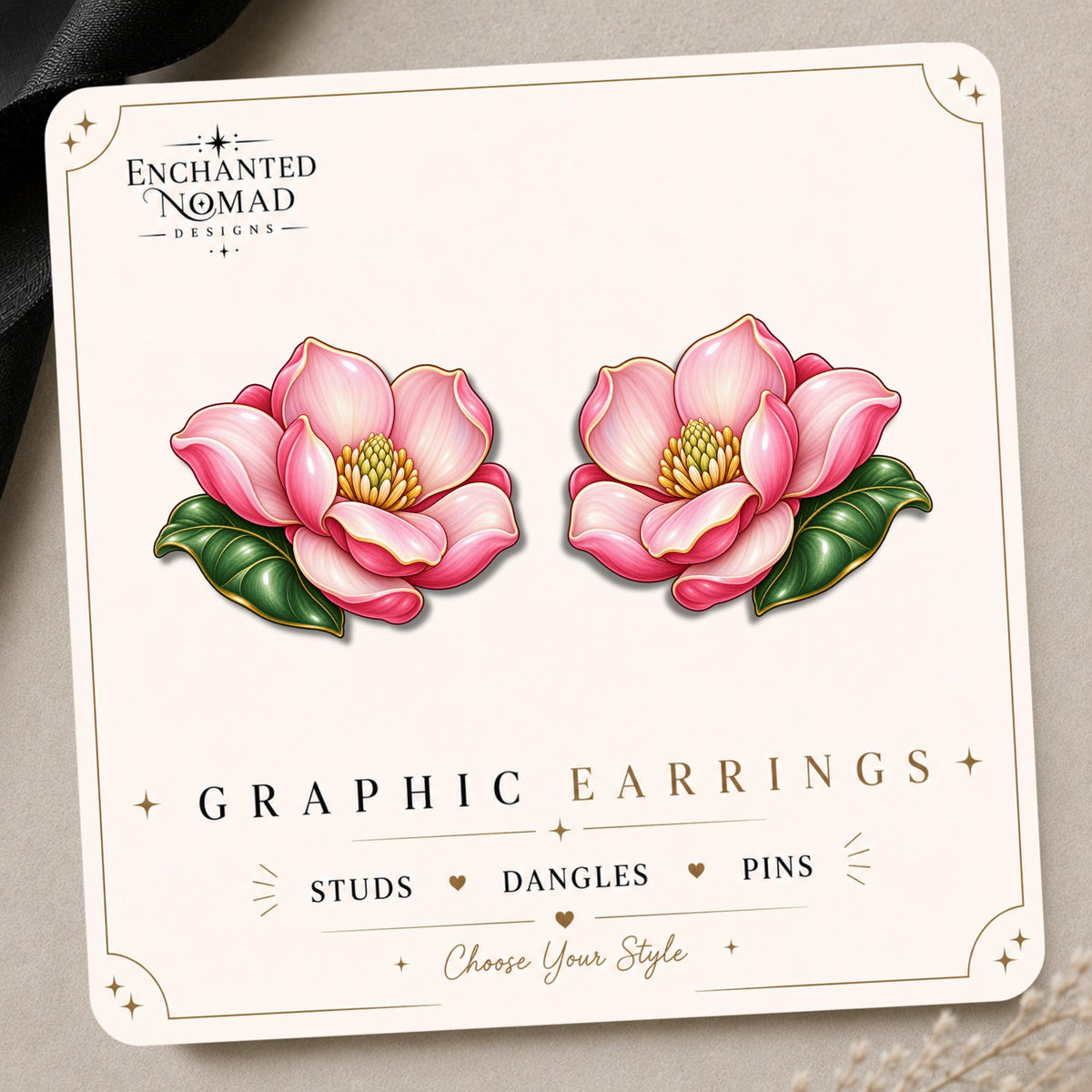 Pink Magnolia Earrings & Pins on original display card