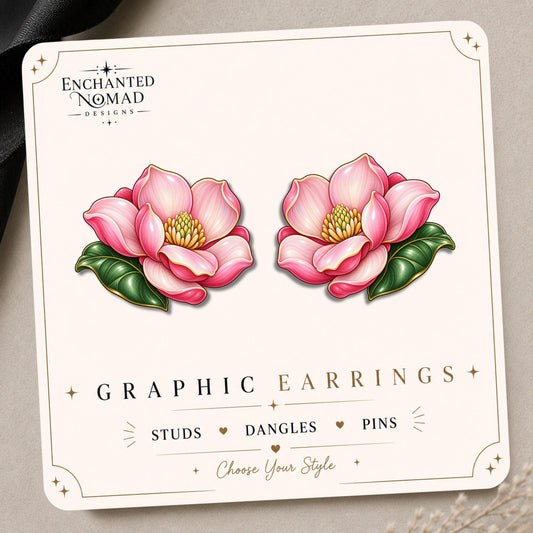 Pink Magnolia Earrings & Pins on original display card