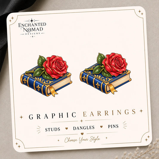 Red Rose Book Earrings & Pins on original display card