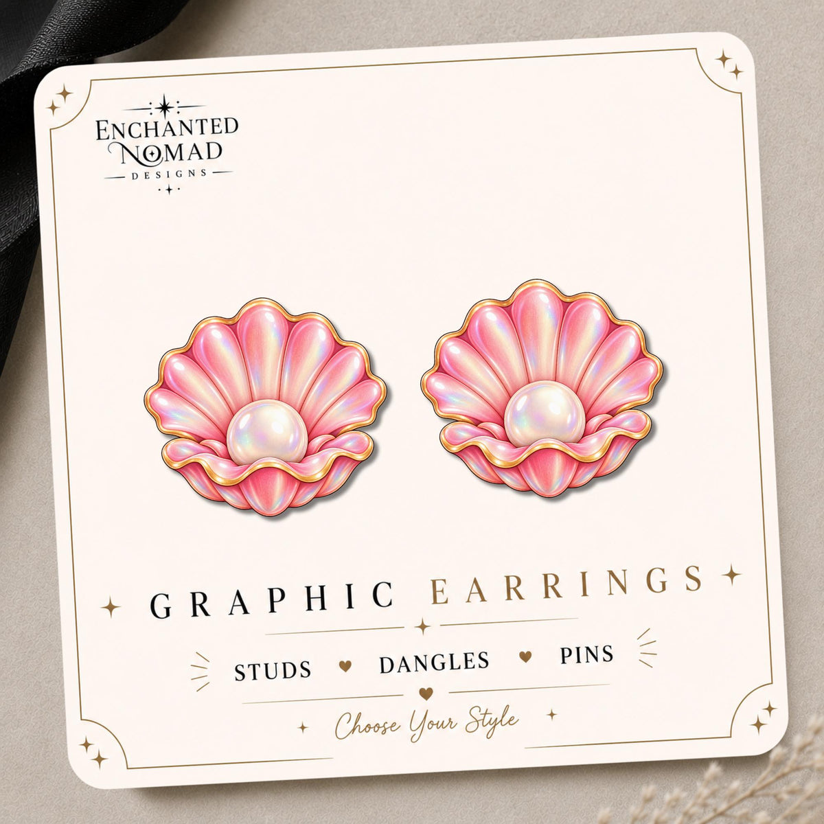 Pink Pearl Seashell Earrings & Pins on original display card