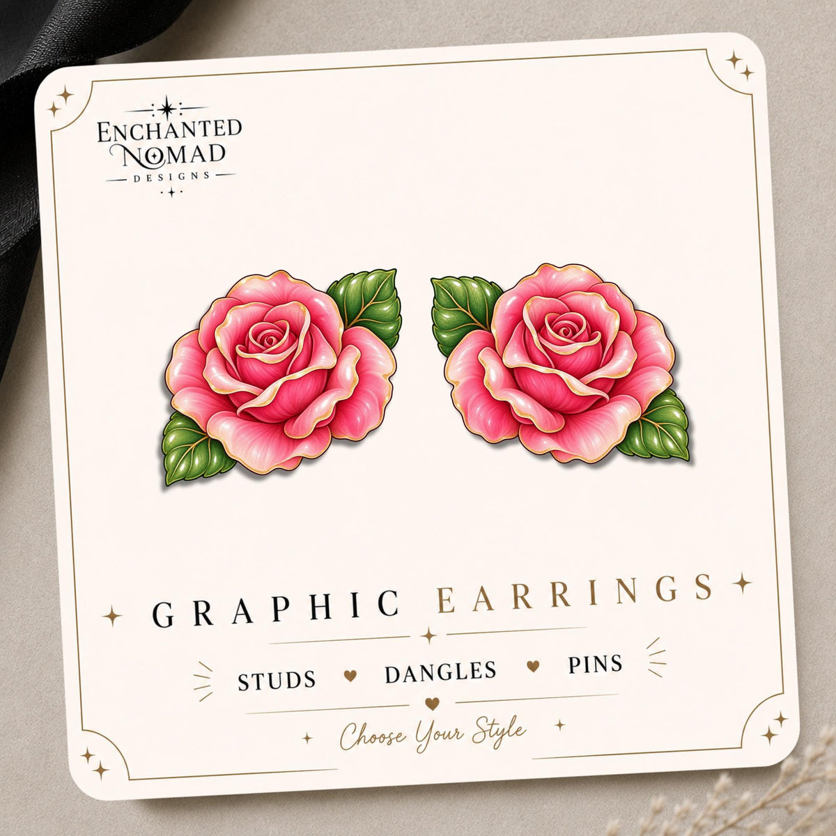 Pink Rose Earrings & Pins on original display card