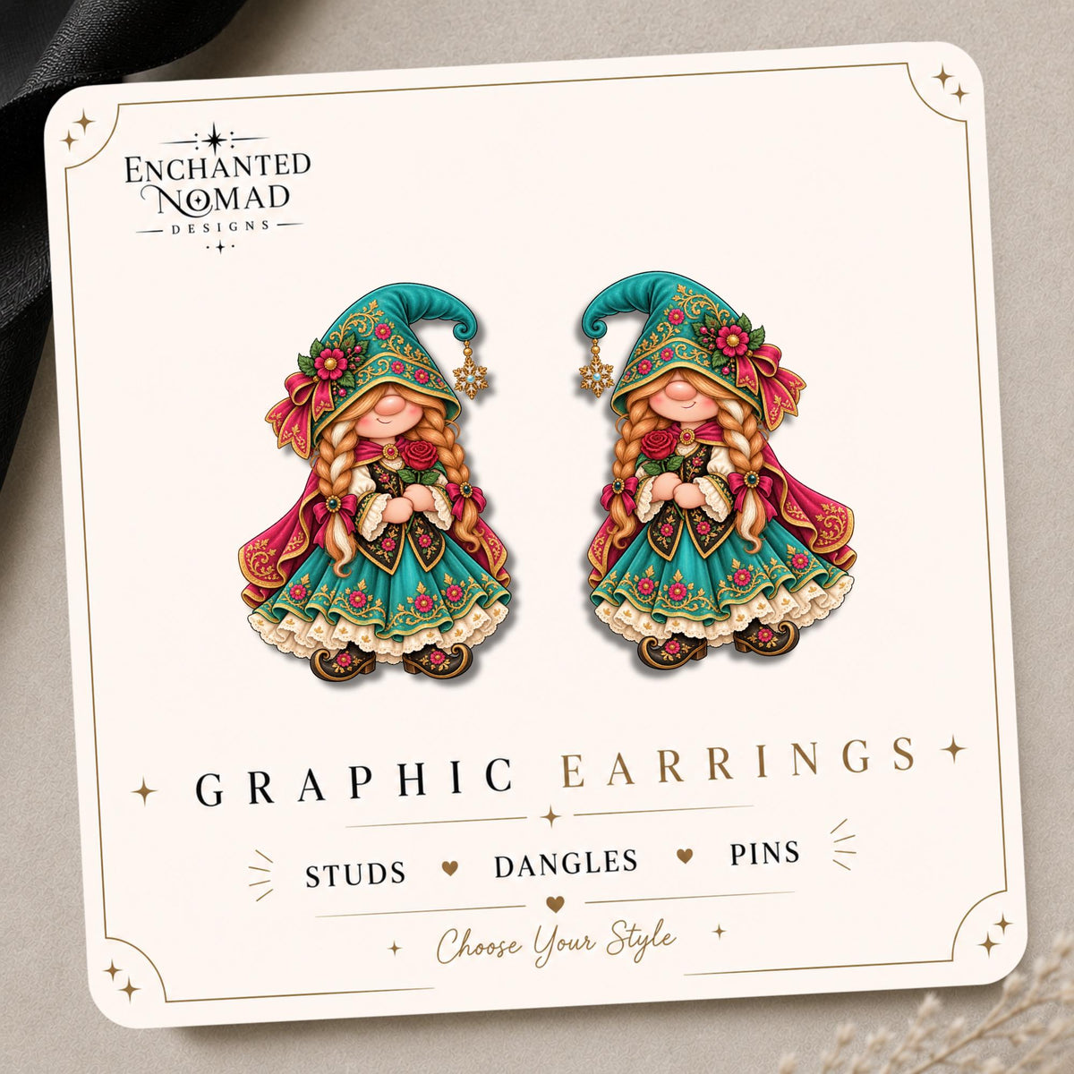 Winter Princess Floral Gnome Earrings & Pins on original display card