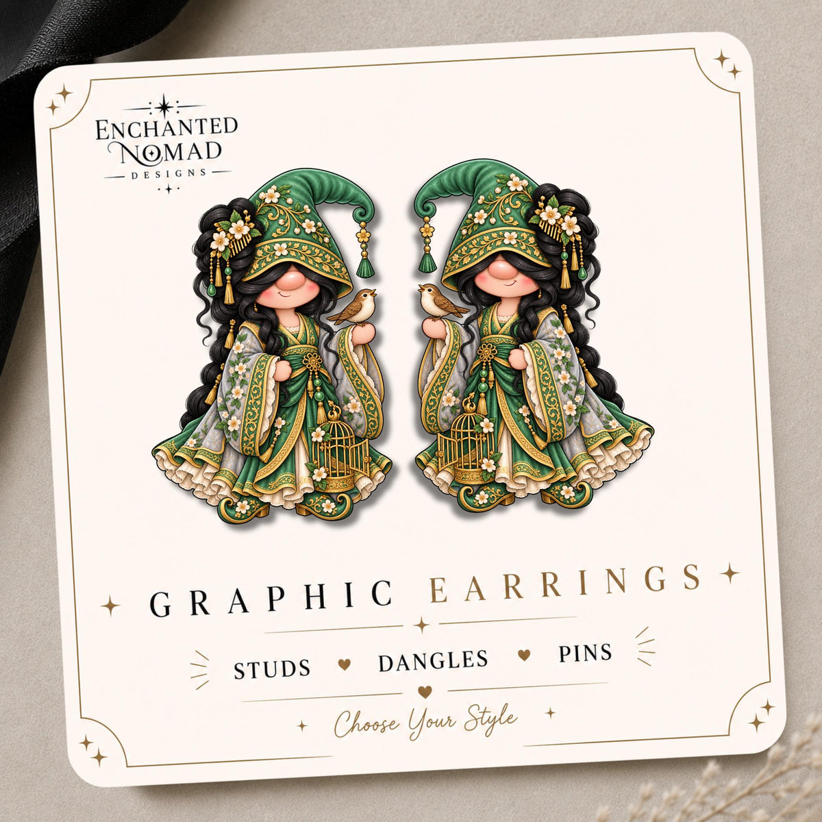 Green Floral Bird Gnome Earrings & Pins on original display card